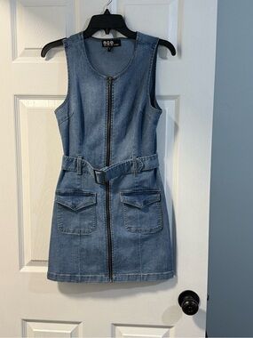 Rewash Blue Denim Zip Front Belted Mini Dress